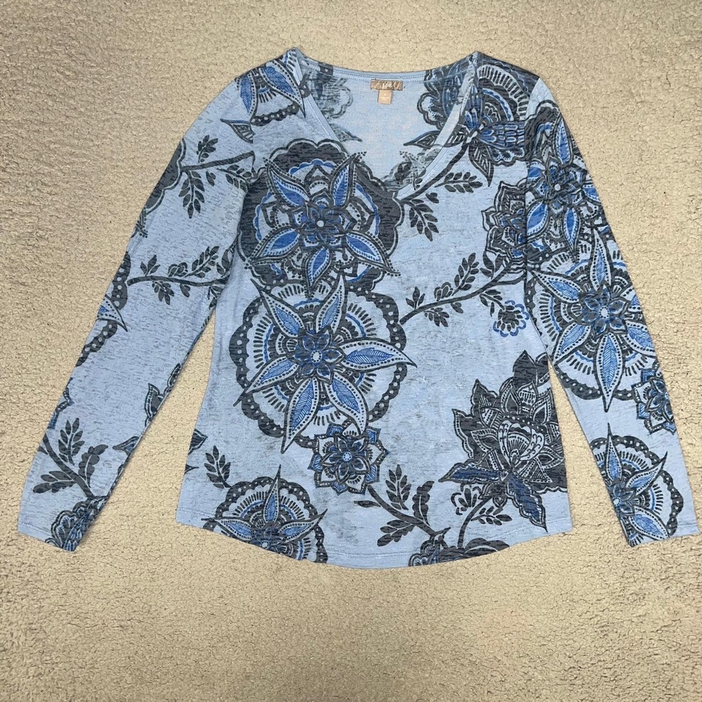 J. Jill Shirt Women's Size S Blue Paisley Burnout Floral V Neck Long‎ Sleeve Top